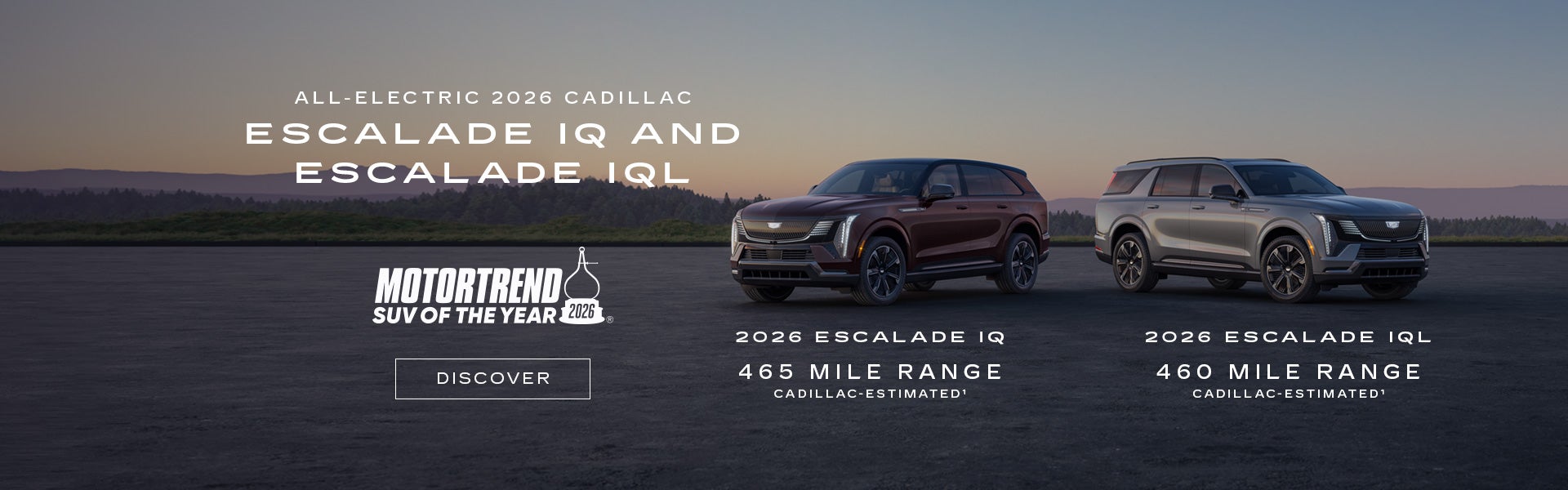 2026 Cadillac Escalade IQ and IQL, MotorTrend SUV of the Year, displayed in metallic silver on a ...